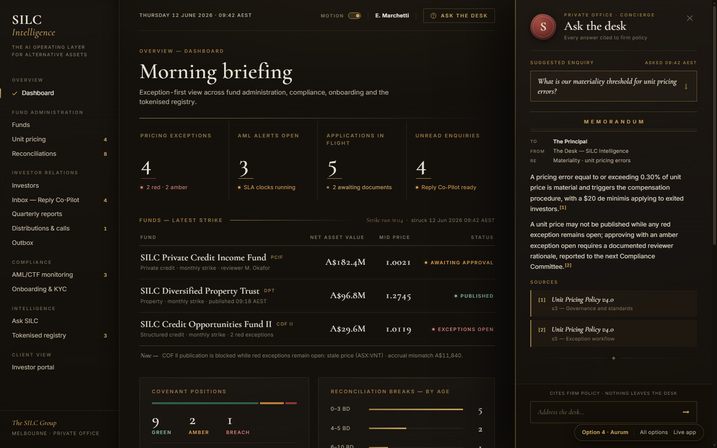 Aurum preview — espresso and champagne gold private office