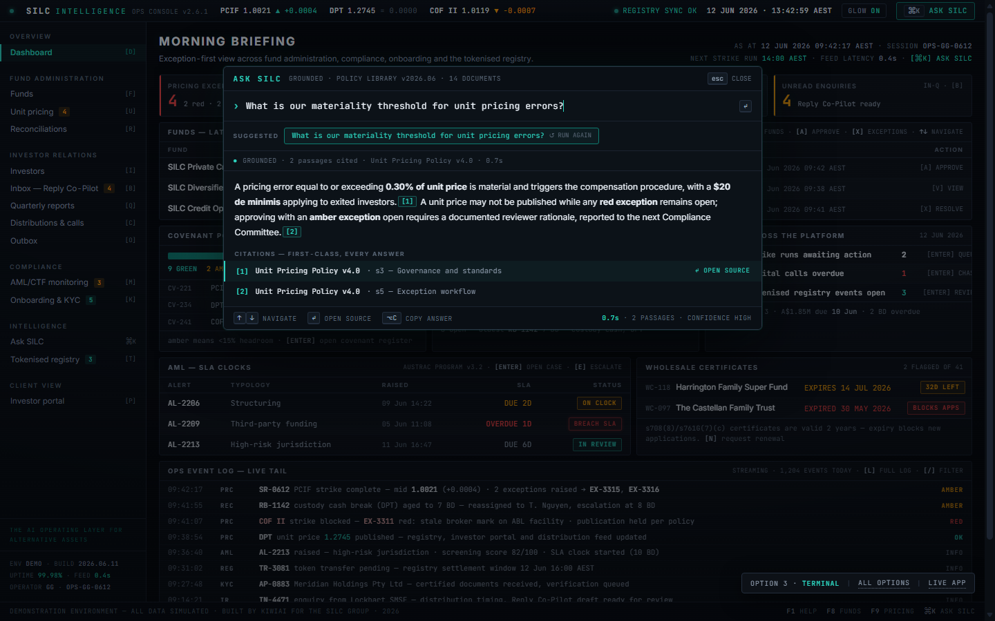 Terminal preview — dense operator console with command palette